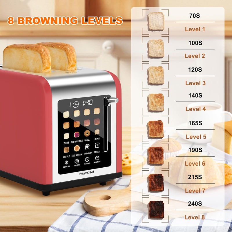 Clixane 2 Slice Toaster Touch Screen, Stainless Steel Toasters Digital Timer 2 Slot Toasters, 8 Shade Settings 6 Bread Types for Bagel, Cancel, Defrost (Red) - Image 4